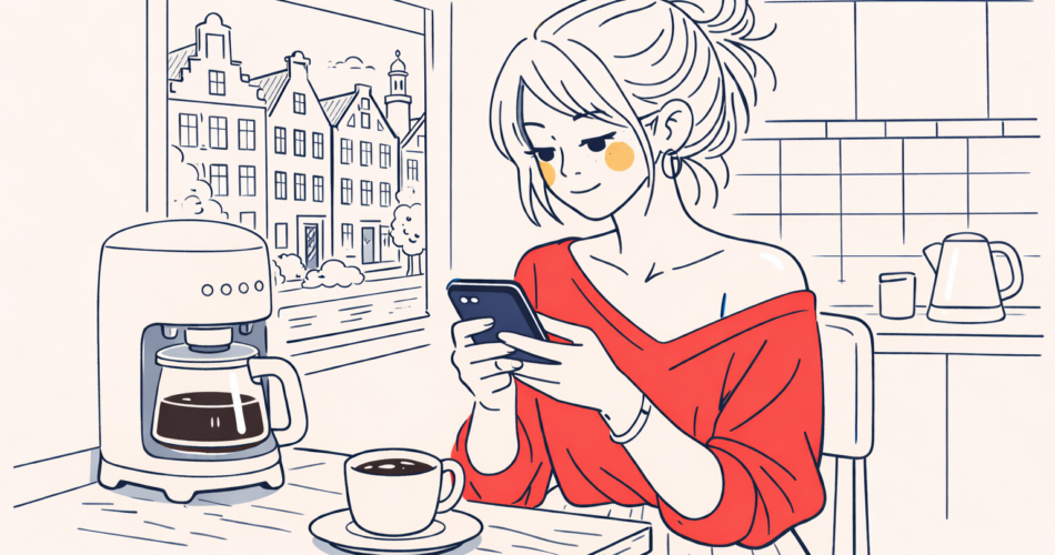 Dutch learning story illustration of a woman checking her phone in the kitchen