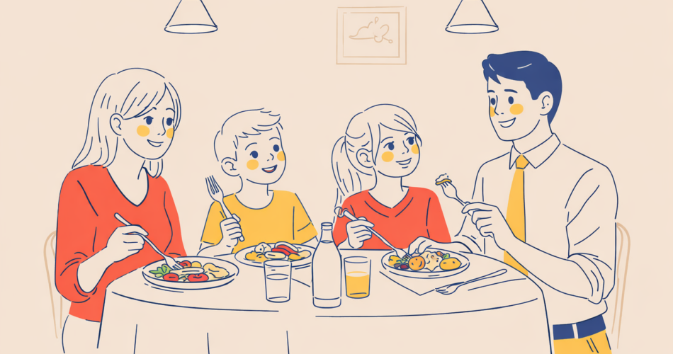 Dutch learning story illustration of a family dinner in a restaurant